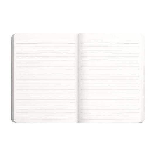 An open lined notebook with blank white pages, centered on a solid white background.