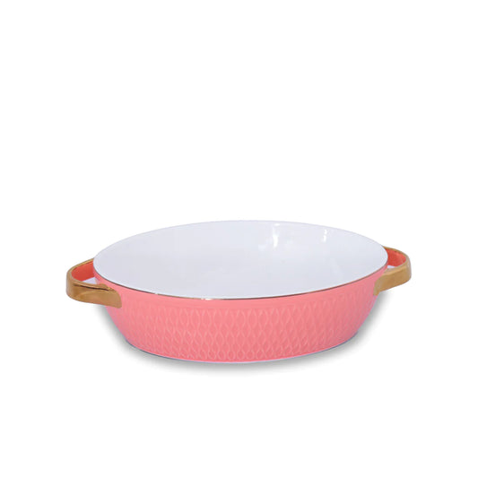 Beatriz Ball Small Oval Salmon Ceramic Baker with Gold Handles