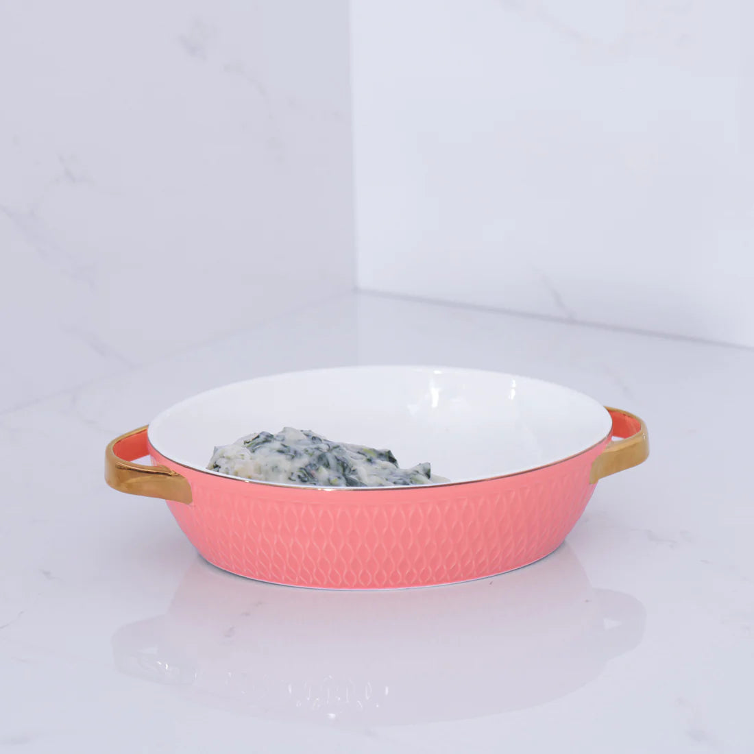 Beatriz Ball Small Oval Salmon Ceramic Baker with Gold Handles