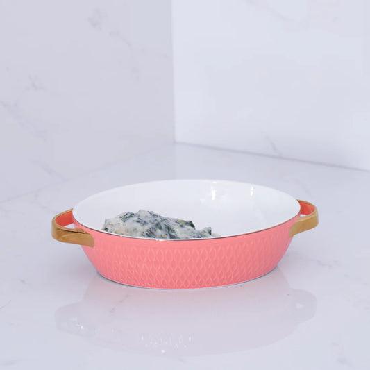 Beatriz Ball Small Oval Salmon Ceramic Baker with Gold Handles