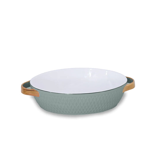 Beatriz Ball Small Oval Sage Ceramic Baker with Gold Handles