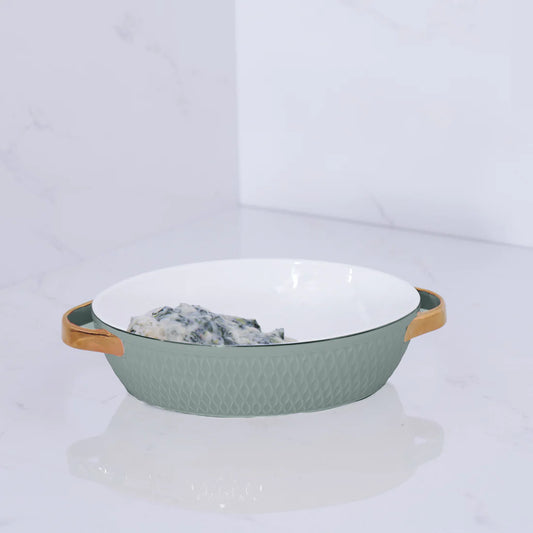 Beatriz Ball Small Oval Sage Ceramic Baker with Gold Handles
