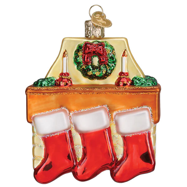 Family of three stockings on fireplace mantel glass ornament Old World Christmas