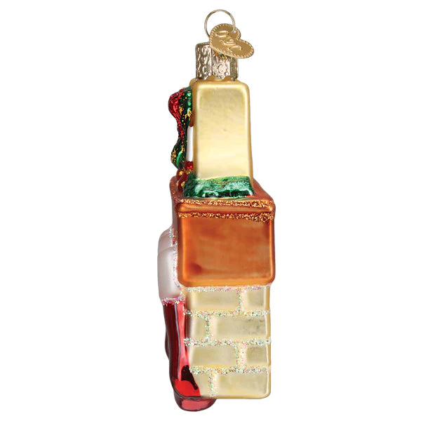 Family of three stockings on fireplace mantel glass ornament Old World Christmas