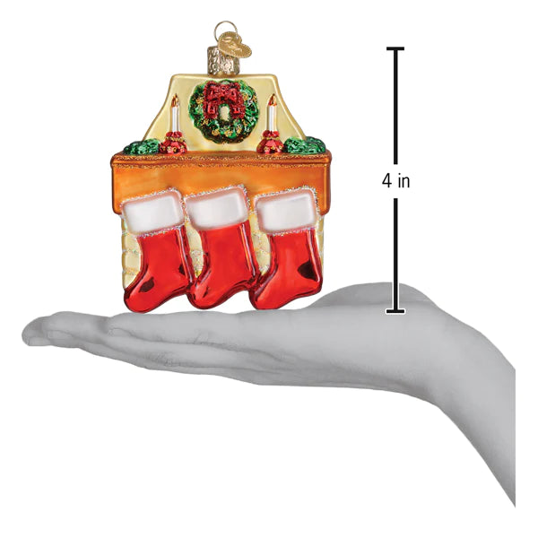 Family of three stockings on fireplace mantel glass ornament Old World Christmas