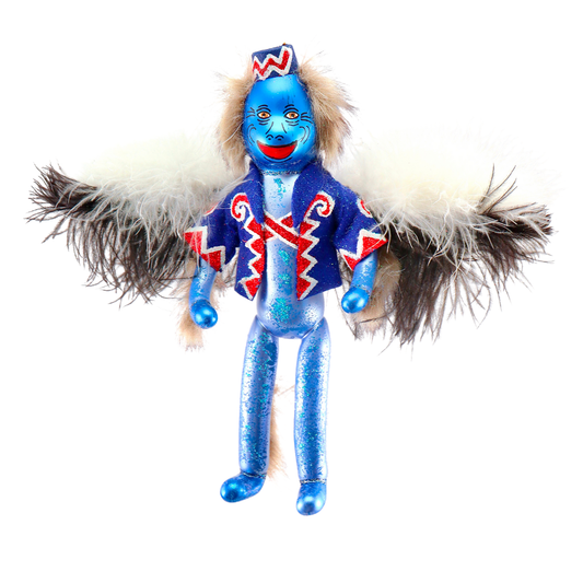 A colorful figurine of a flying monkey with blue body, feathered wings, and decorative clothing.