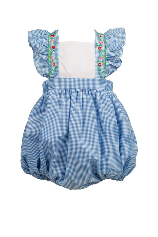 Blue checkered baby romper with ruffled sleeves on a white background