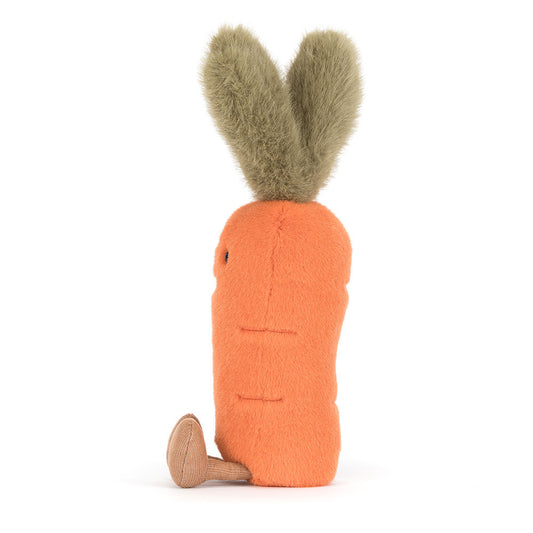 Carrot-shaped plush toy with bunny ears on a white background