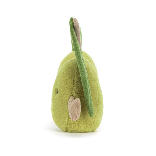 Green plush toy shaped like a pear on a white background