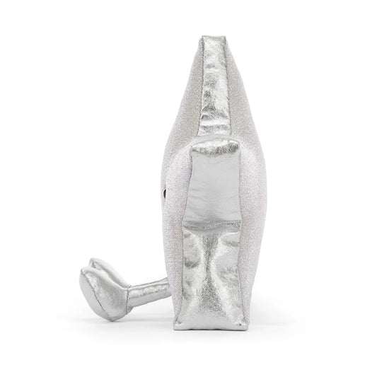A silver metallic plush whale toy shown from a side profile view on a clean white background.