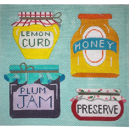Four jars of different preserves with labels on a light blue background