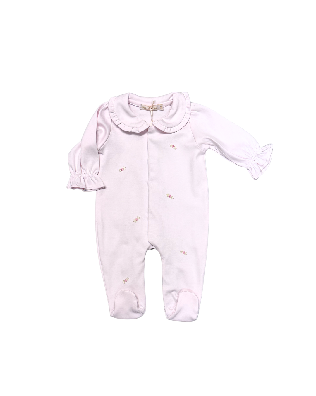 Pink baby onesie with a collar on a white background
