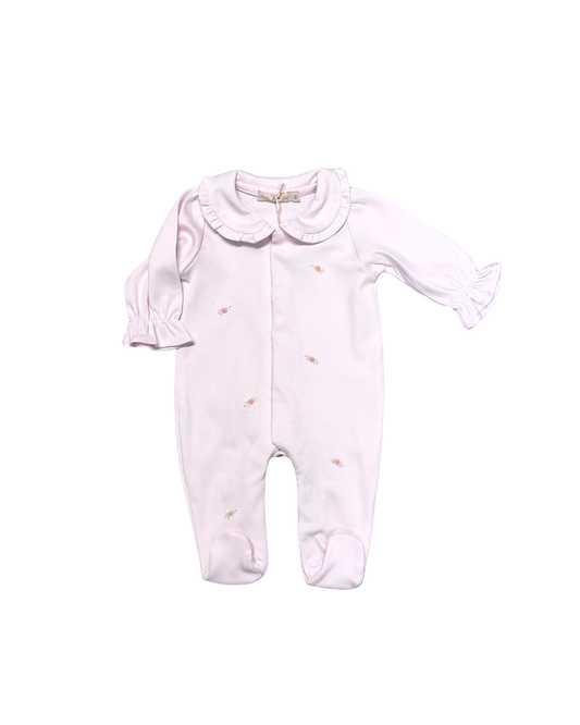 Pink baby onesie with a collar on a white background