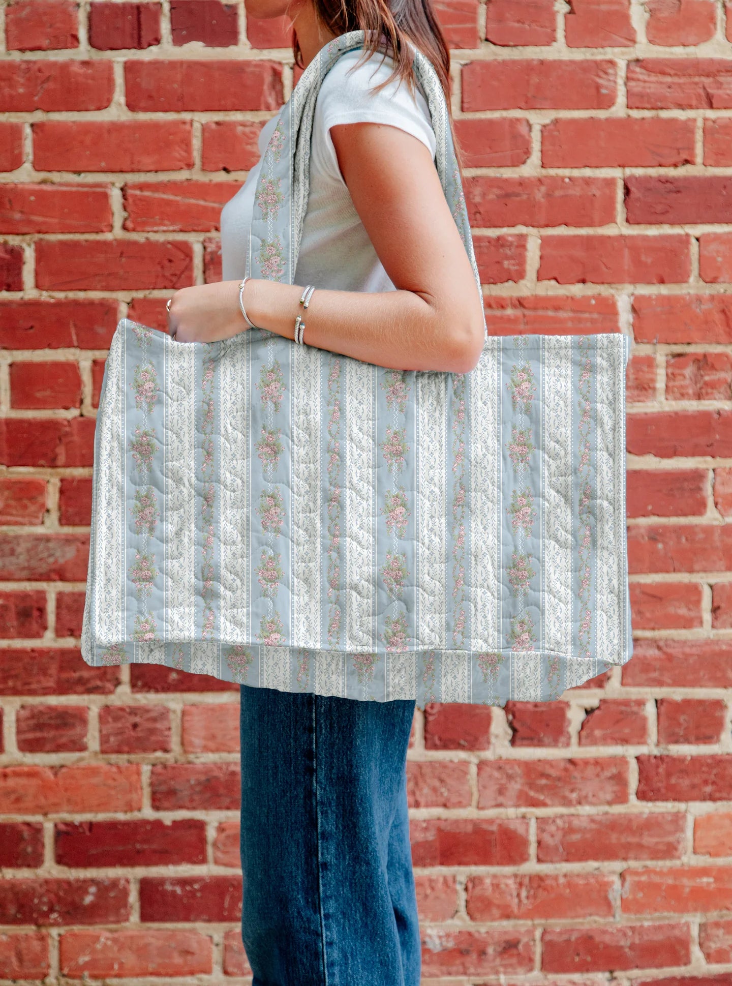 Bella Stripe Blue Quilted Tote Bag