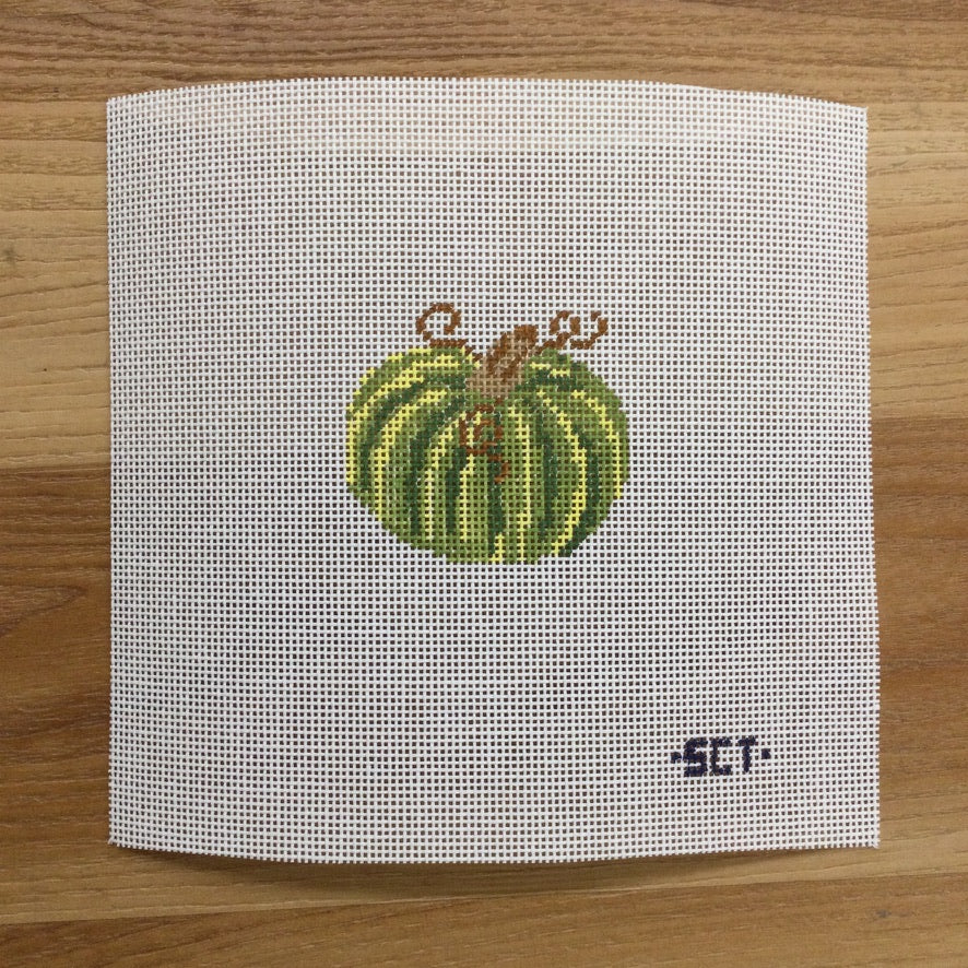 Cross-stitched green pumpkin on a white fabric background with 'SCT' branding.