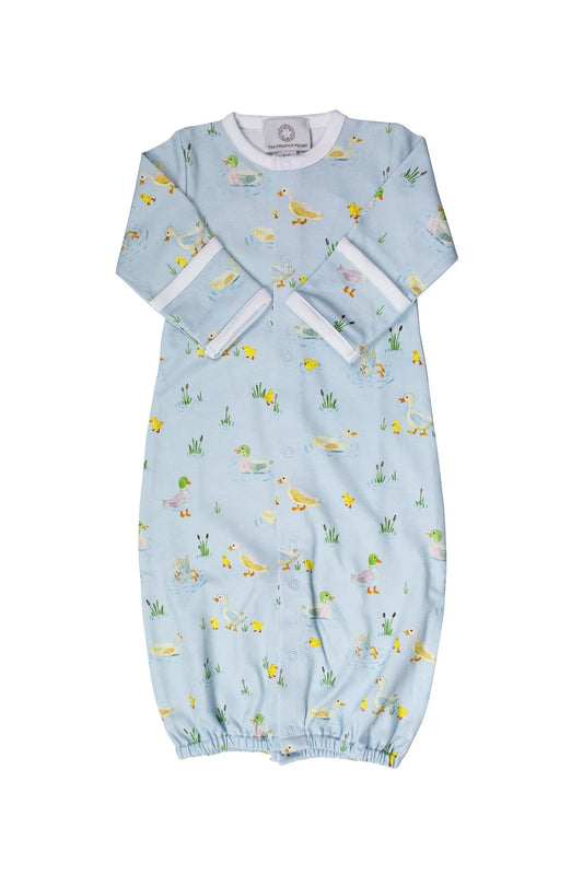 Light blue baby gown with bird pattern on a white background