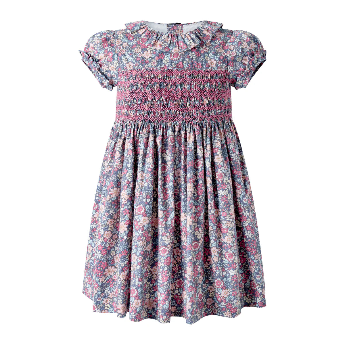 Grey & Pink Floral Smocked Dress