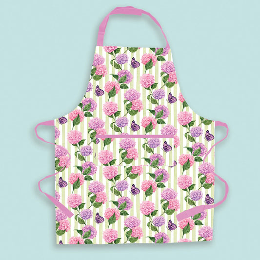 Floral apron with pink flowers and green leaves on a light blue background
