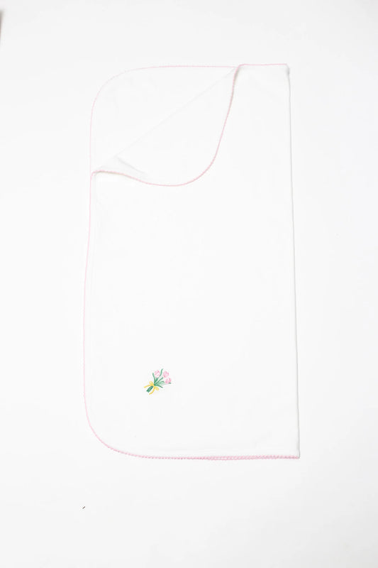 White pocket square with a floral embroidery on a white background