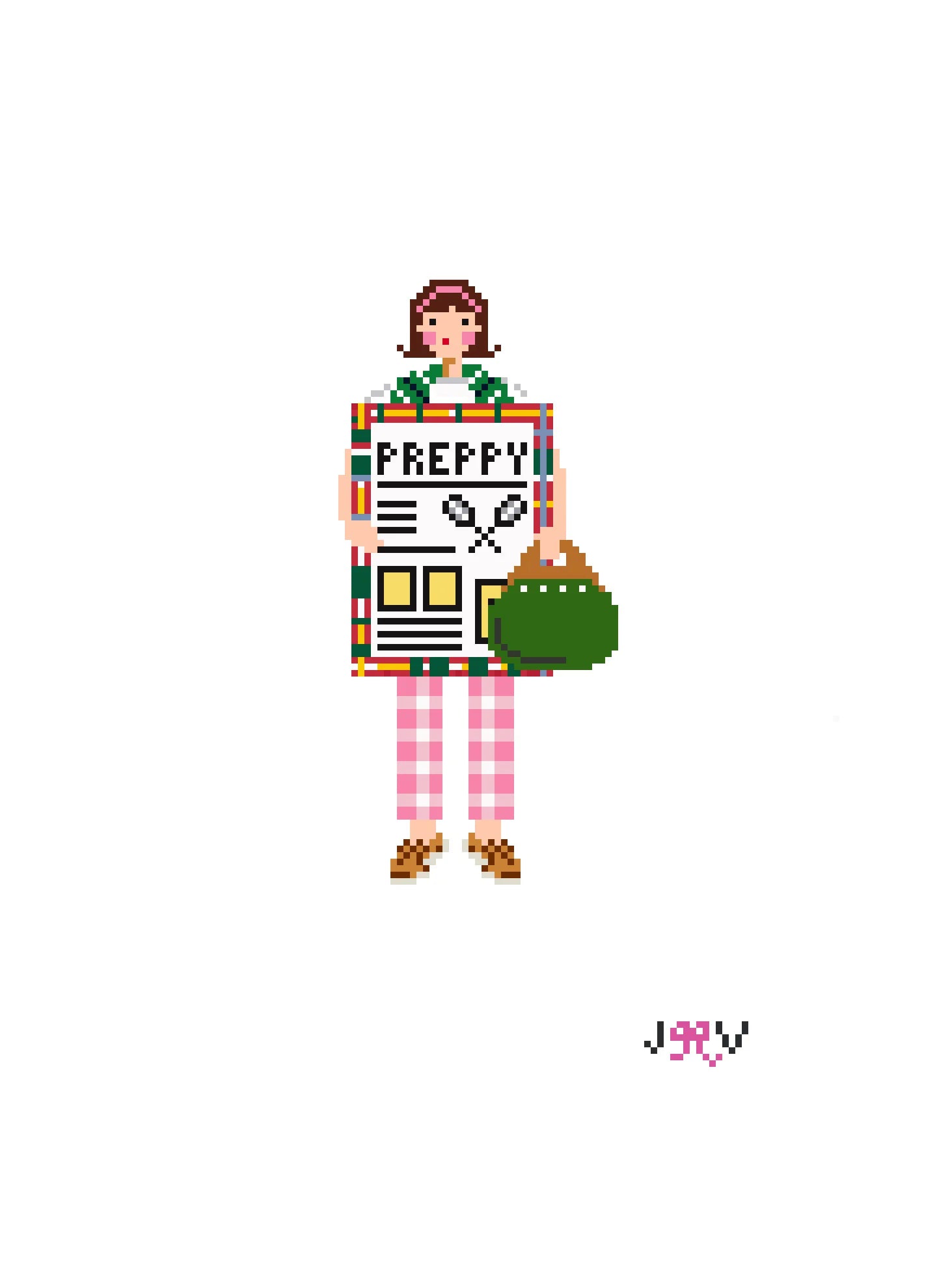 Pixel art character holding a 'Preppy' sign with various items on a white background