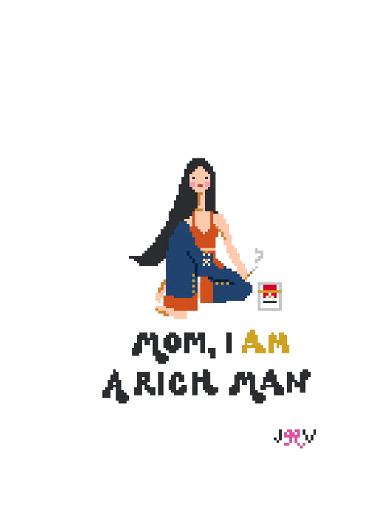 Pixel art character with text 'Mom, I am a rich man' on a white background