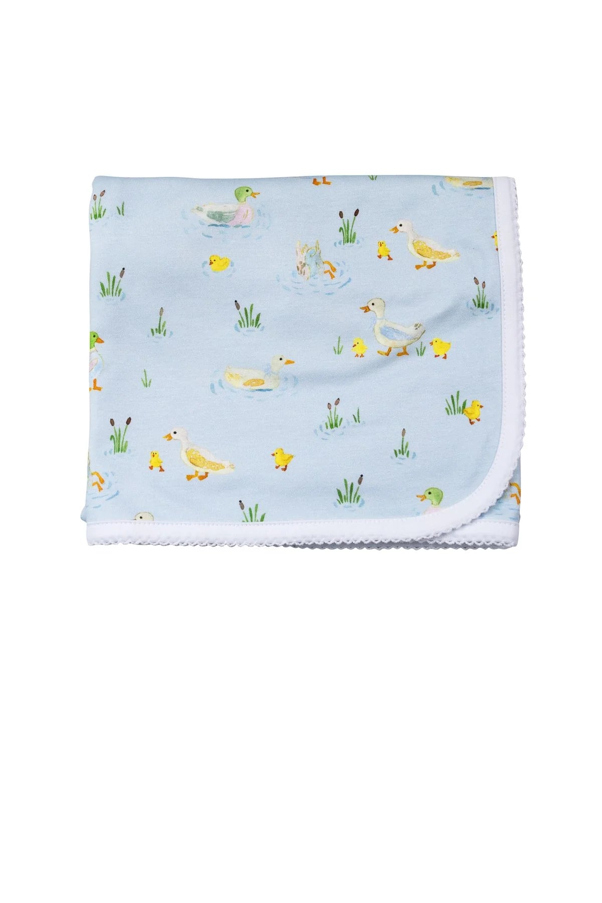 Baby blanket with duck pattern on a light blue background