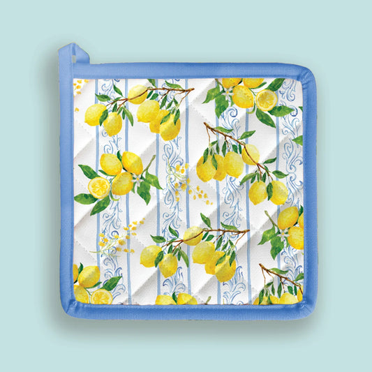 Potholder with lemon design on a light blue background