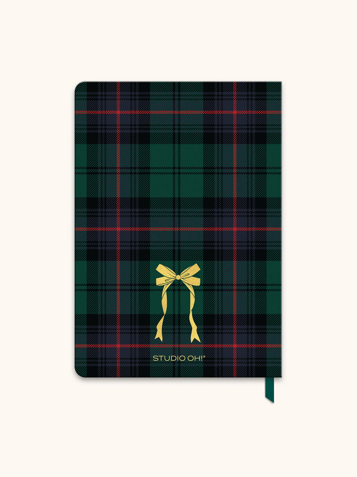 A Studio Oh! hardcover notebook featuring a dark green and black tartan plaid pattern with thin red and yellow stripes, a yellow ribbon graphic, and the brand name 'STUDIO OH!' printed in gold near the bottom.