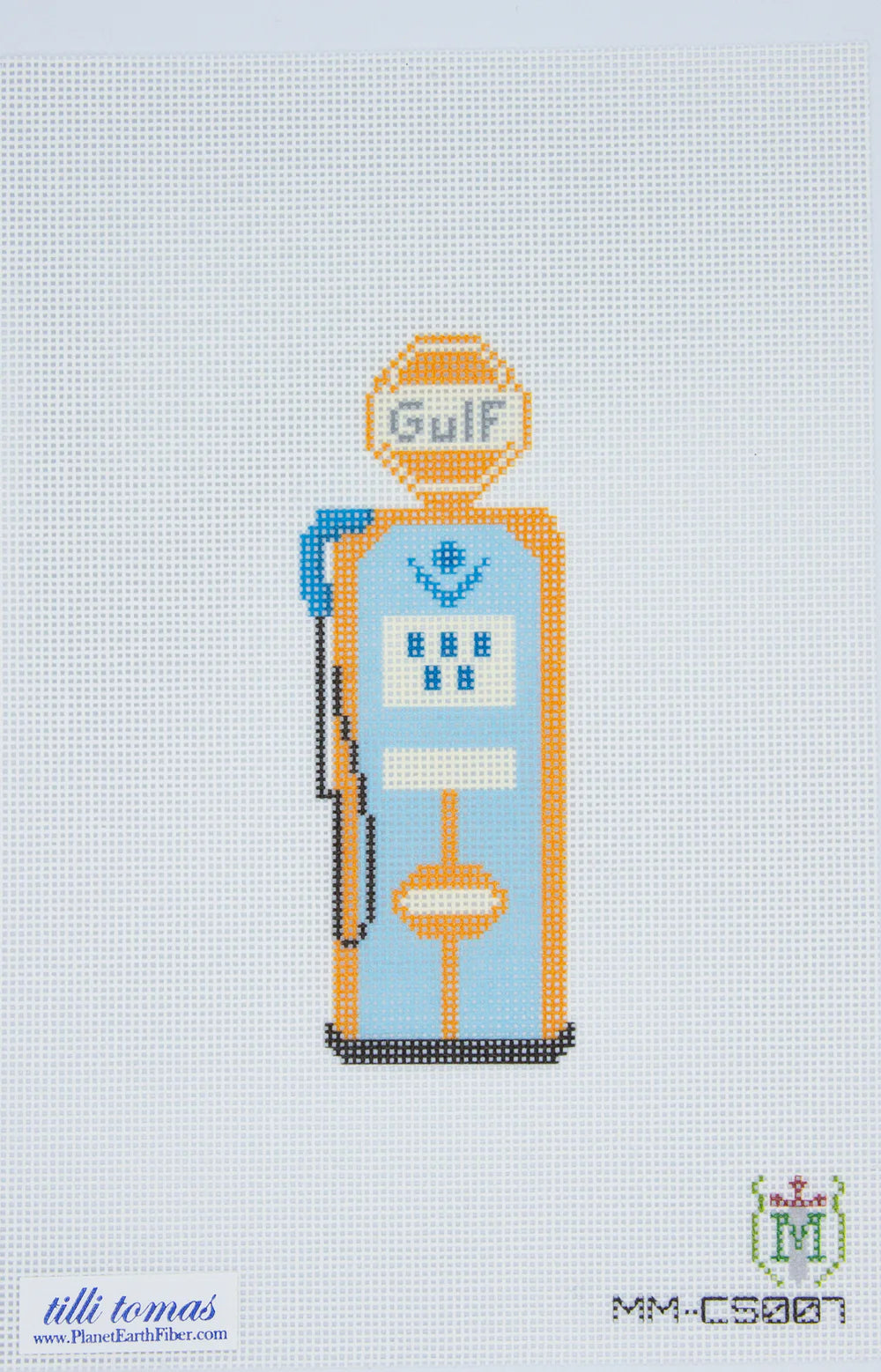 Cross-stitched design of a gas pump with 'Gulf' branding on a light blue background.