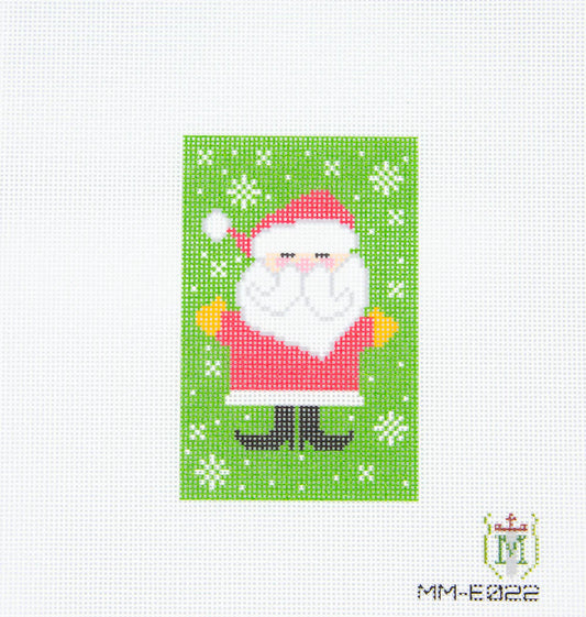 Cross-stitched pattern of Santa Claus on a green background with white snowflakes.