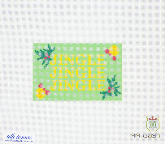 Cross-stitched design with 'Jingle Jingle Jingle' text on a green background