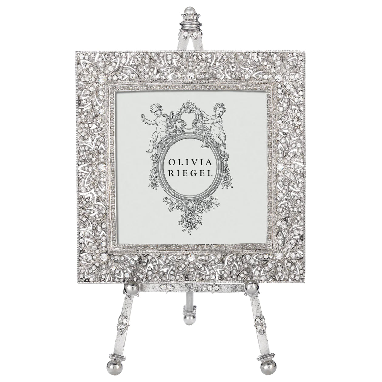 Olivia Riegel Silver Windsor Frame on Easel 4" x 4" Beautiful Crystals and Faux Pearls