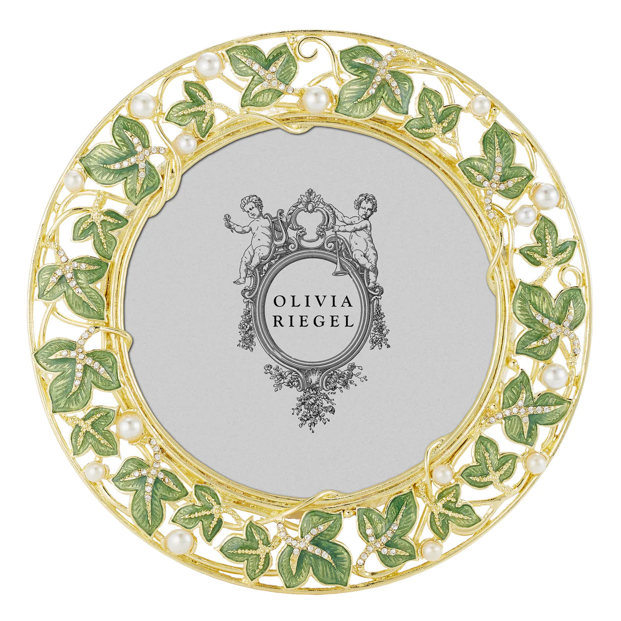 Olivia Riegel Ivy Round Frame 4.5" Beautiful Gold and Green With Pearl Accents