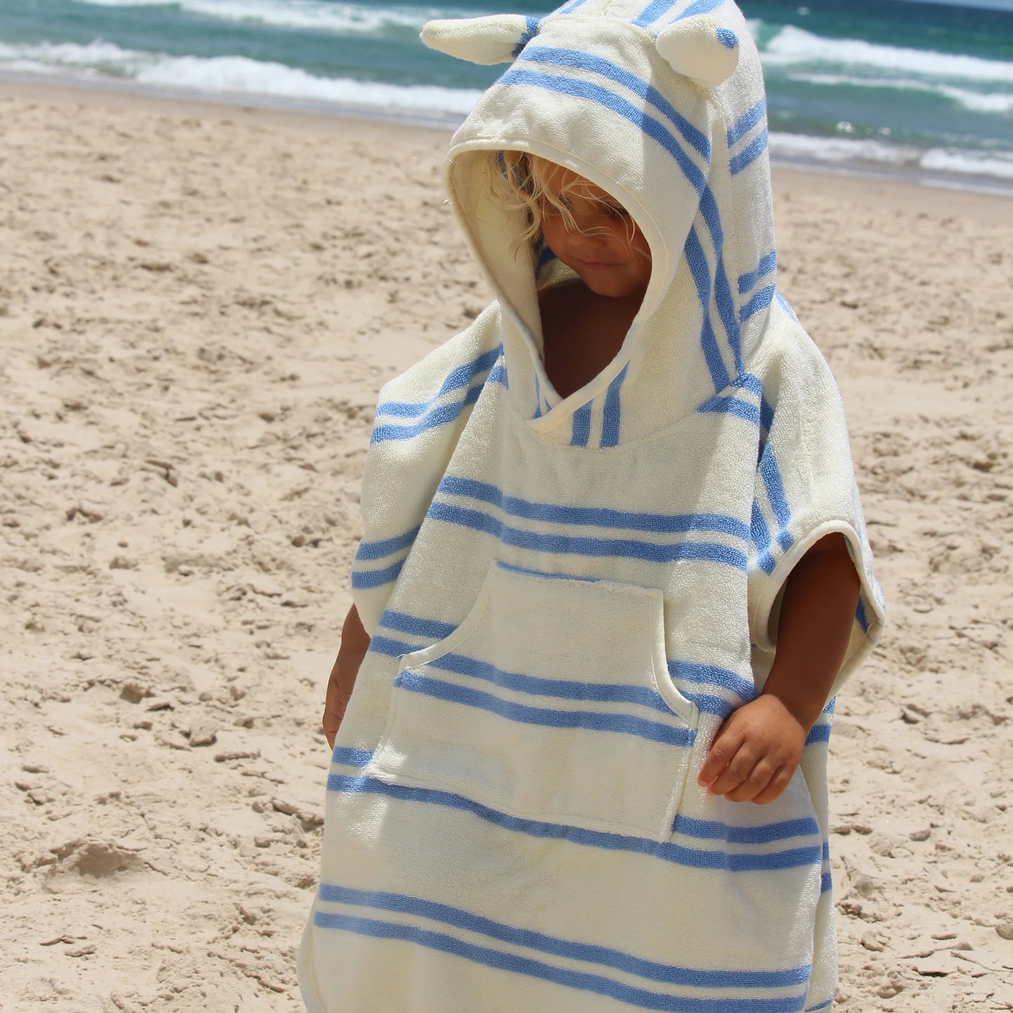 Kids Hooded Towel Sid the Seagull Blue Stripe