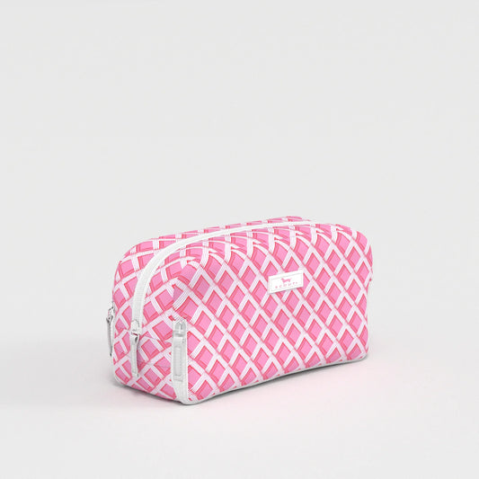 Pink and white checkered toiletry bag on a light gray background