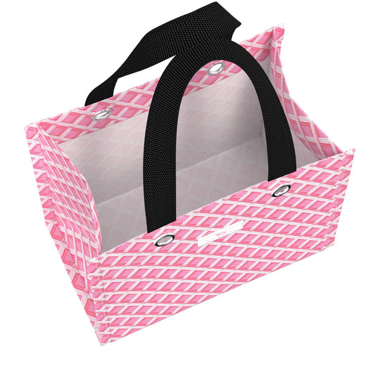Pink and white checkered bag with a black handle on a white background