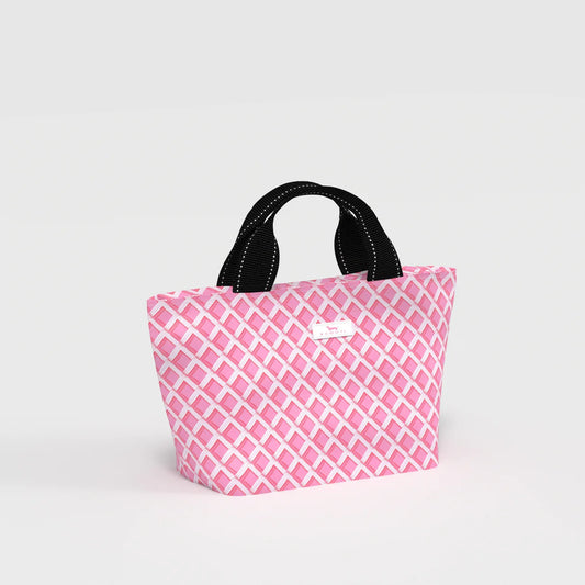 Pink checkered bag with black handles on a light gray background