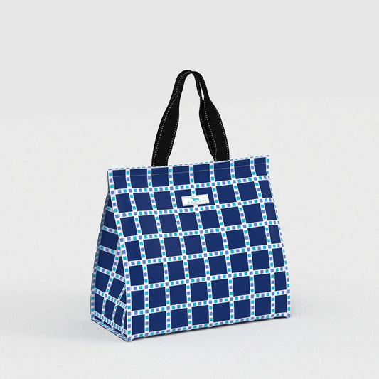 Blue checkered tote bag with black handles on a light gray background