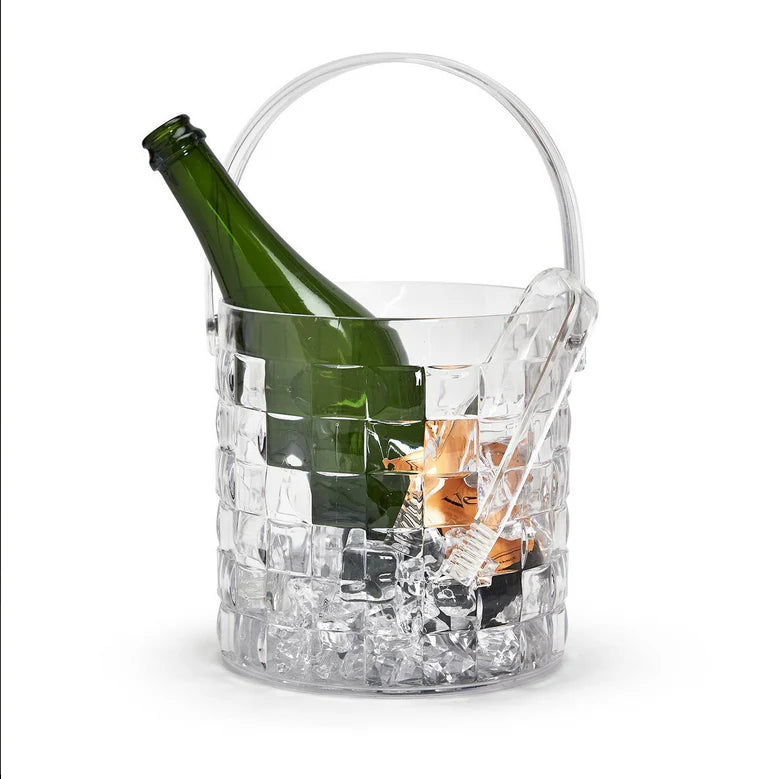 Cubed clear Ice Bucket with handle and tongs