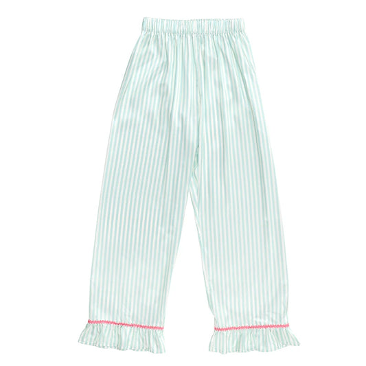 Light green and white striped pajama pants with a ruffled hem and pink trim, shown flat against a white background.