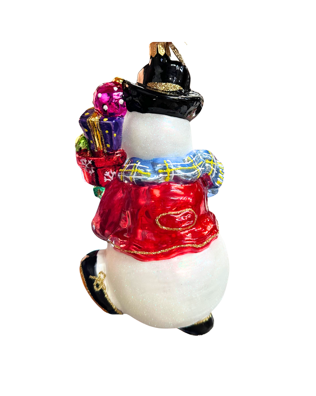 Decorative snowman ornament with colorful scarf and hat on a white background