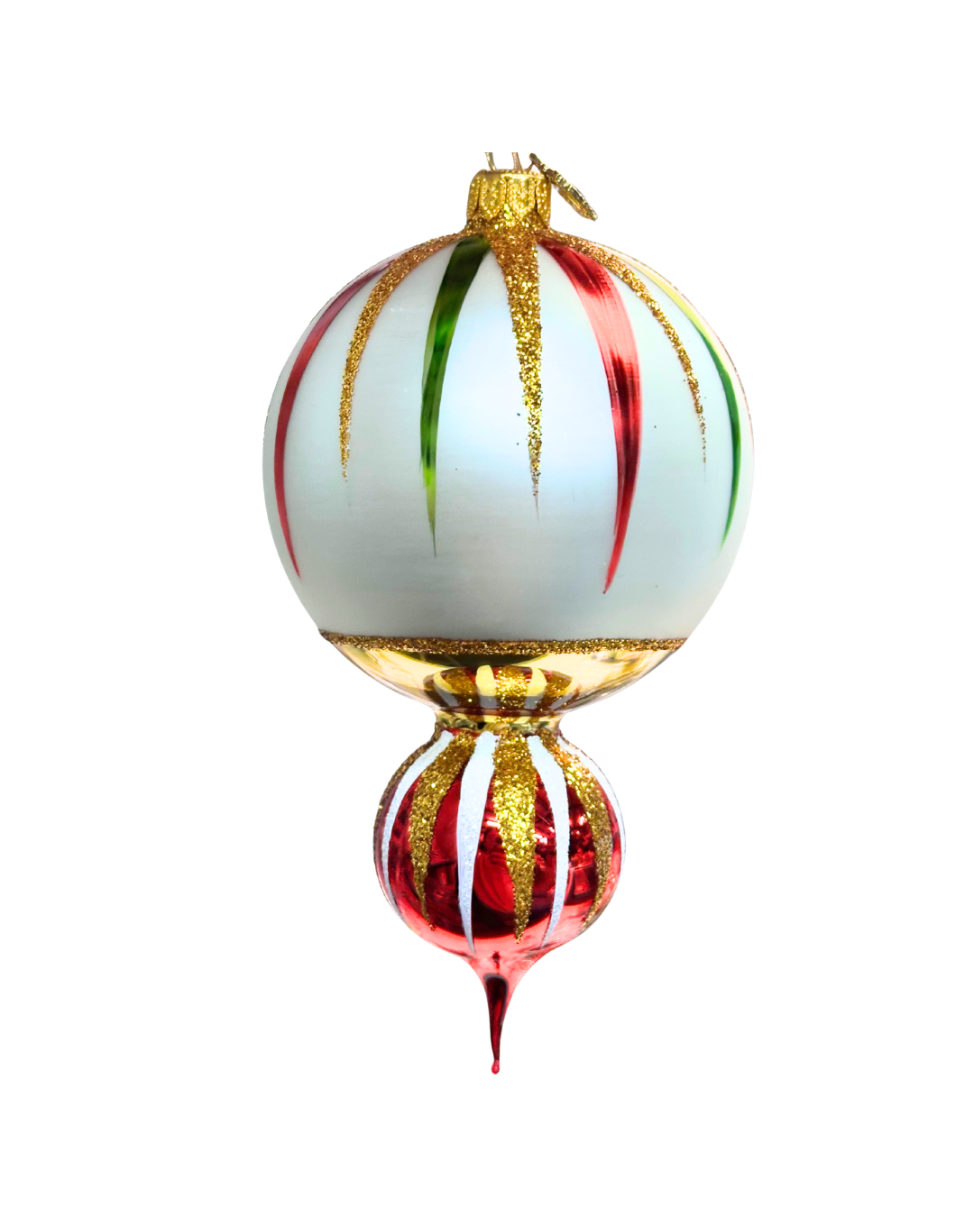 Decorative Christmas ornament with gold, red, and green stripes on a white background