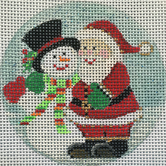 Cross-stitched design of a snowman and a person in a red coat on a light blue background.