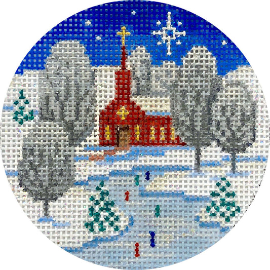 Circular needlepoint ornament with a winter scene featuring a church and people skating.