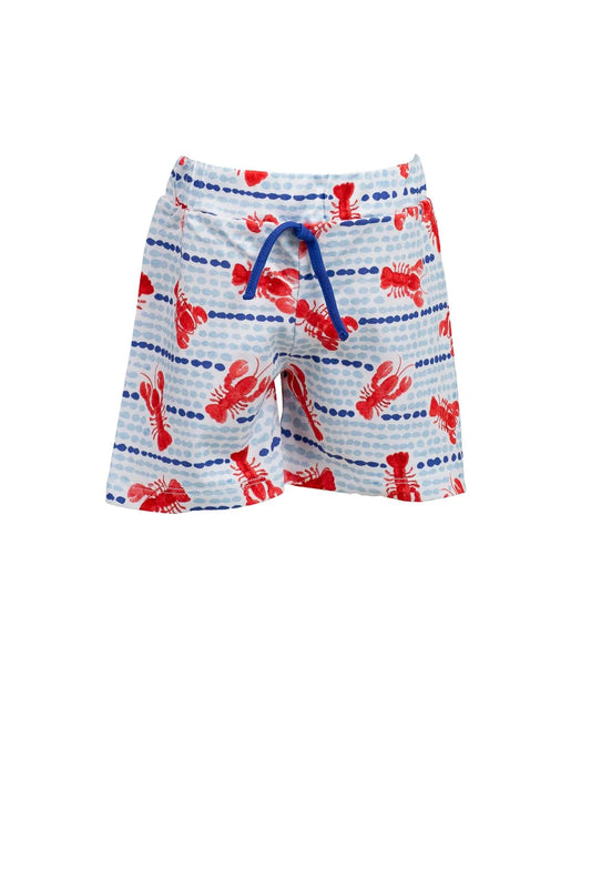 Blue and white shorts with red lobster pattern