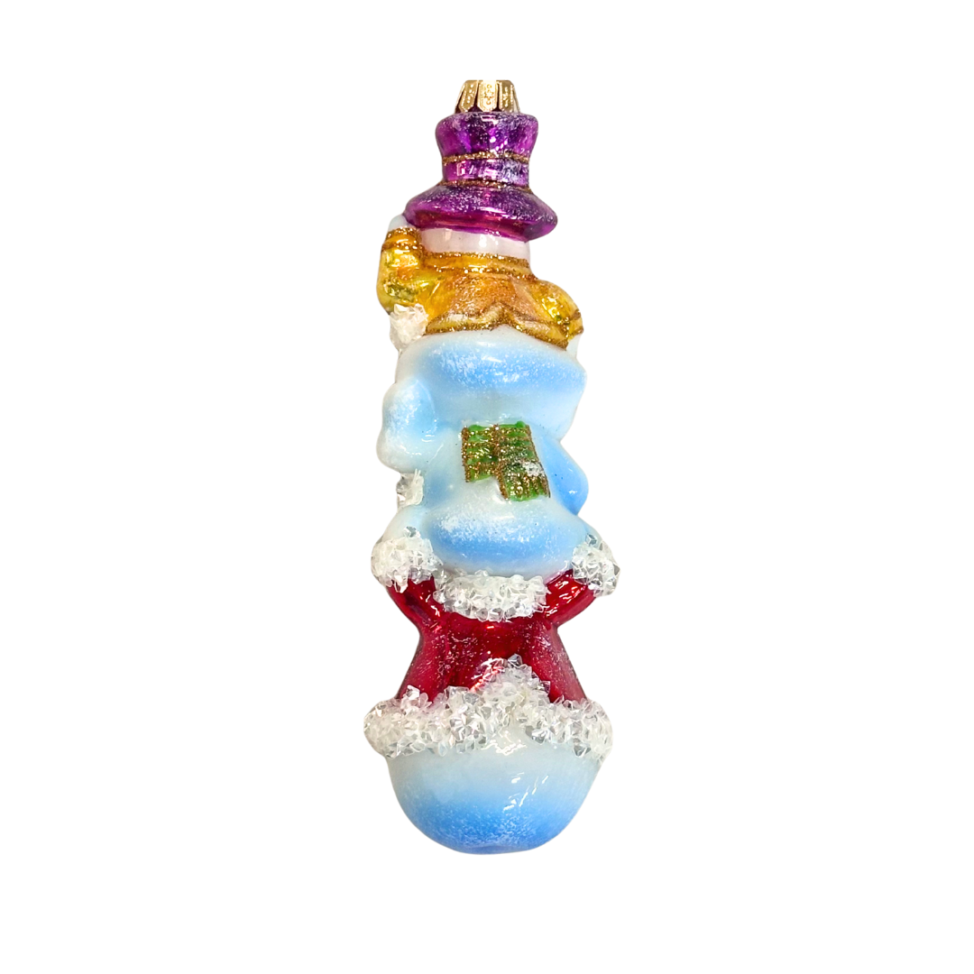 Colorful glass ornament shaped like a snowman on a white background