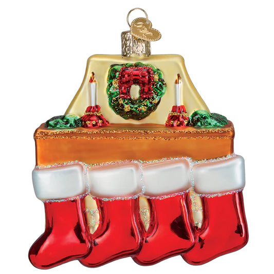 Old World Christmas Family of Four Stockings glass Ornament