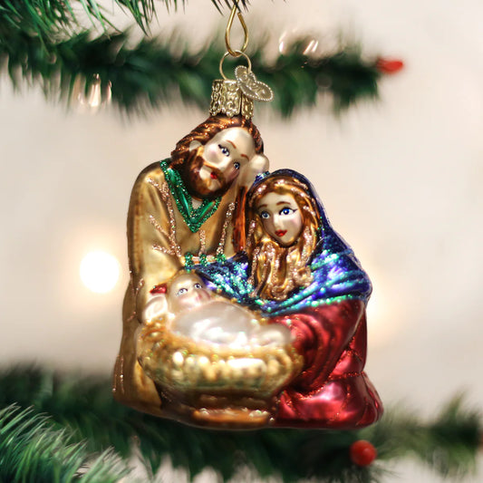 Old World Christmas Holy Family glass ornament Mary, Joseph and Baby Jesus in a manger