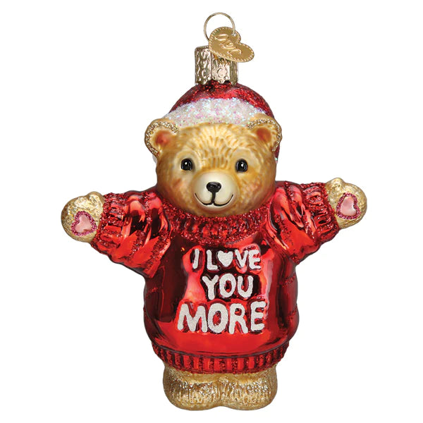 Old World Christmas I Love You More Bear red sweater glass ornament
