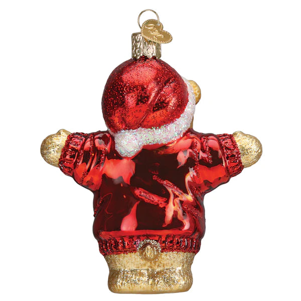Old World Christmas I Love You More Bear red sweater glass ornament